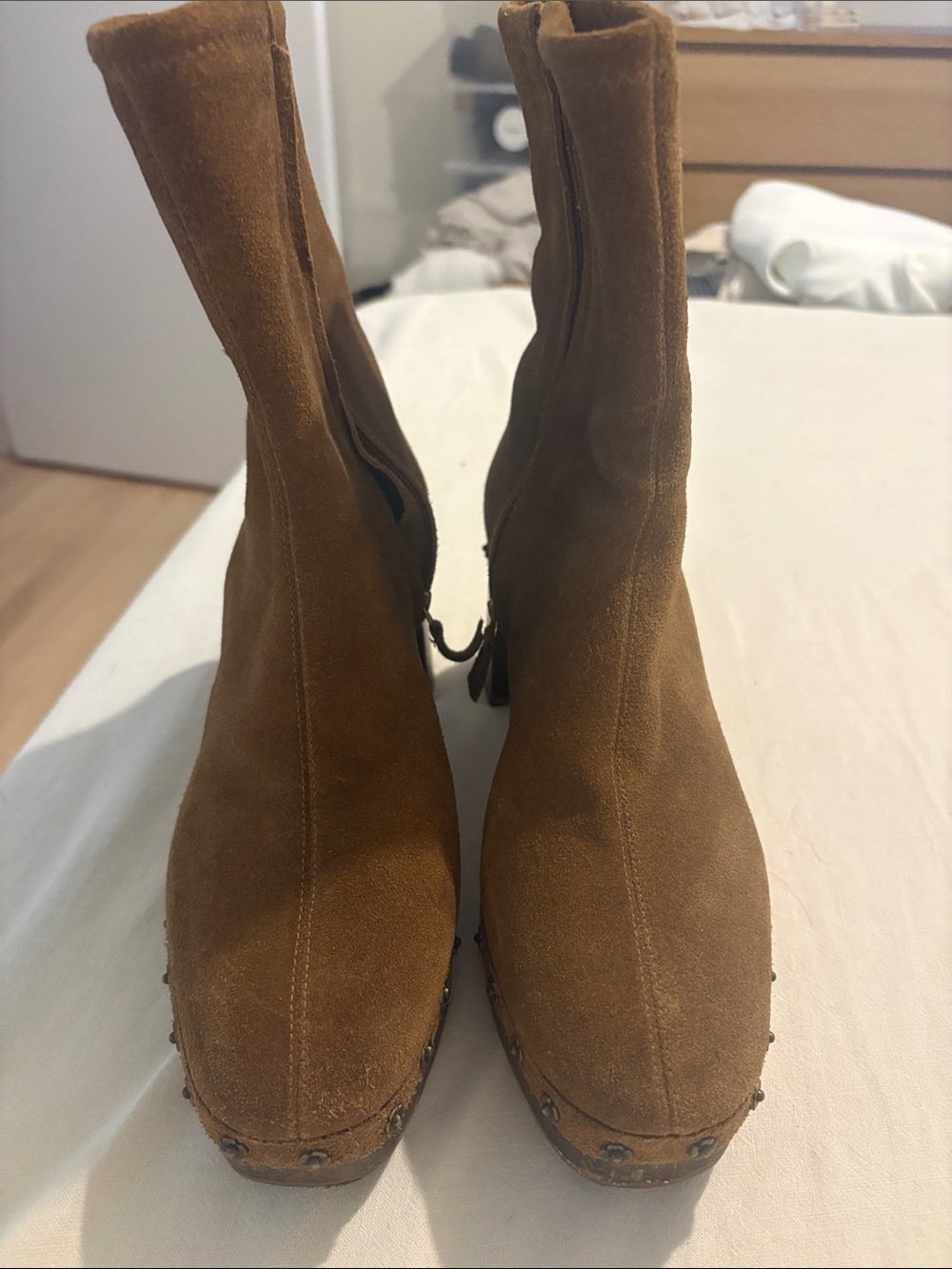 Larroude Brown Suede Platform Ankle Booties with Studded Sole